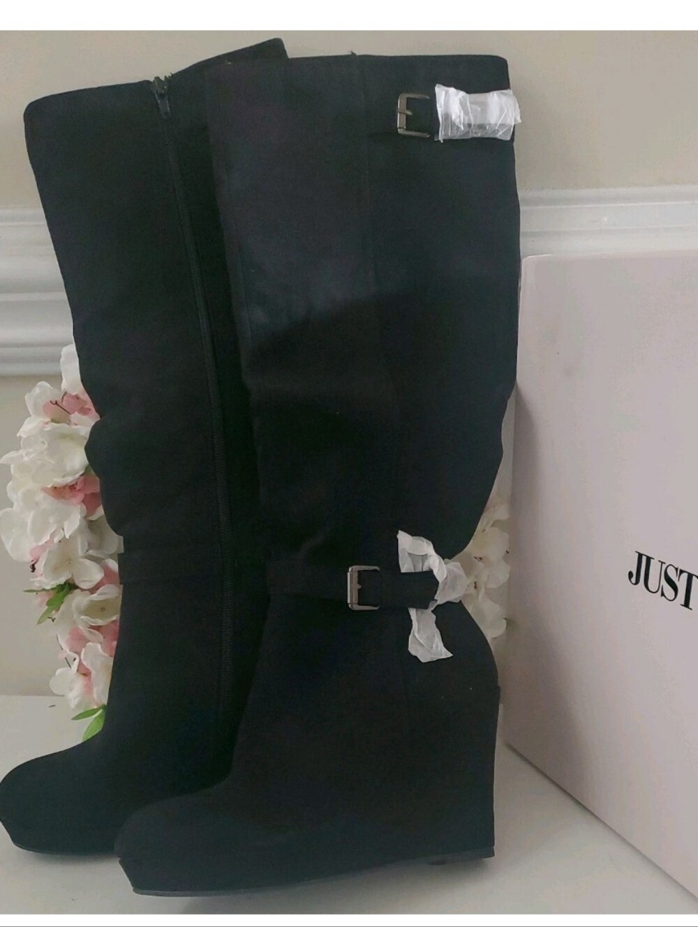 NWB JustFab Black Suede-Look Wedge Knee-High Boots 6. 5